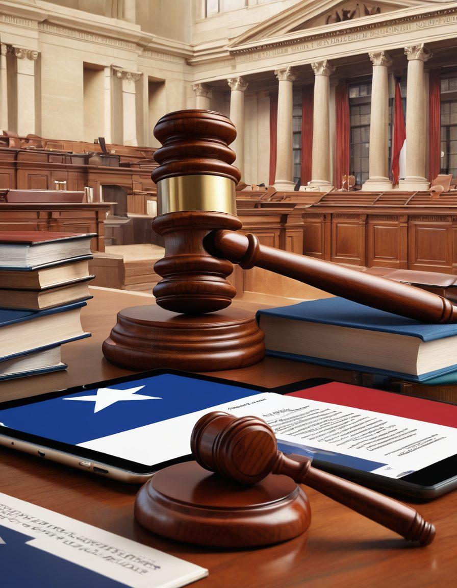 A collage depicting a Texas courthouse, a gavel resting on a stack of legal books, and a professional lawyer analyzing statutes with a digital tablet. Incorporate the vibrant Texas flag colors in the background, and elements like legal scales and courtroom sketches. The scene should evoke a sense of clarity and professionalism in legal navigation. super-realistic. vibrant colors. 3D.