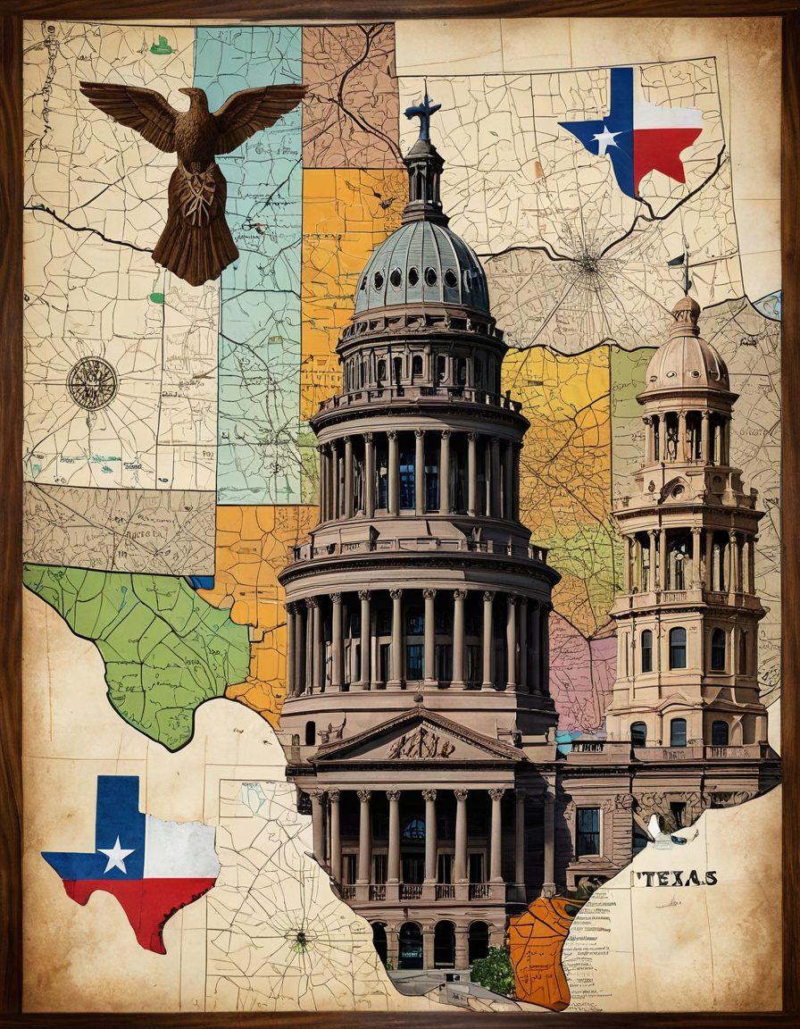 A vibrant collage of Texas landmarks like the state capitol and courthouse paired with legal symbols like a gavel and scales of justice. Include a map of Texas with highlighted regions, emphasizing connectivity and community. The image should convey a sense of professionalism and trust, with engaging colors that evoke a sense of urgency in law updates. super-realistic. vibrant colors. professional style.