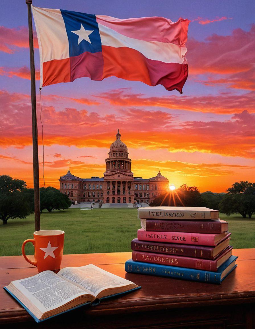A sprawling Texas landscape featuring iconic elements like the Lone Star flag and a silhouette of the Texas State Capitol amidst rolling hills. In the foreground, legal books and a gavel rest on a wooden table, symbolizing law and legislation. The sky should be a vibrant sunset, merging warm colors of orange and pink, reflecting the theme of enlightenment and professionalism. super-realistic. vibrant colors.